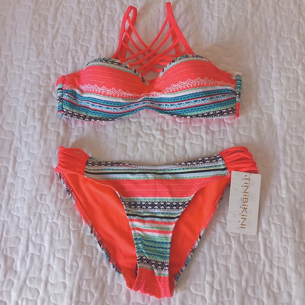 Two piece colorful Bathing Suit. Strapy + Bikini Bottoms. NWT